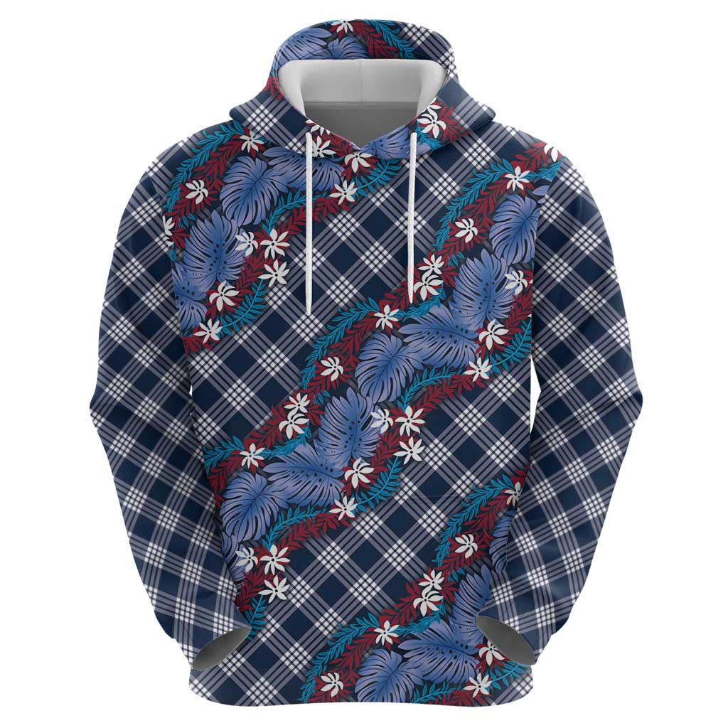 Polynesian Monstera Tiare Floral Hoodie Royal Blue Tropical Plaid - Polynesian Pride