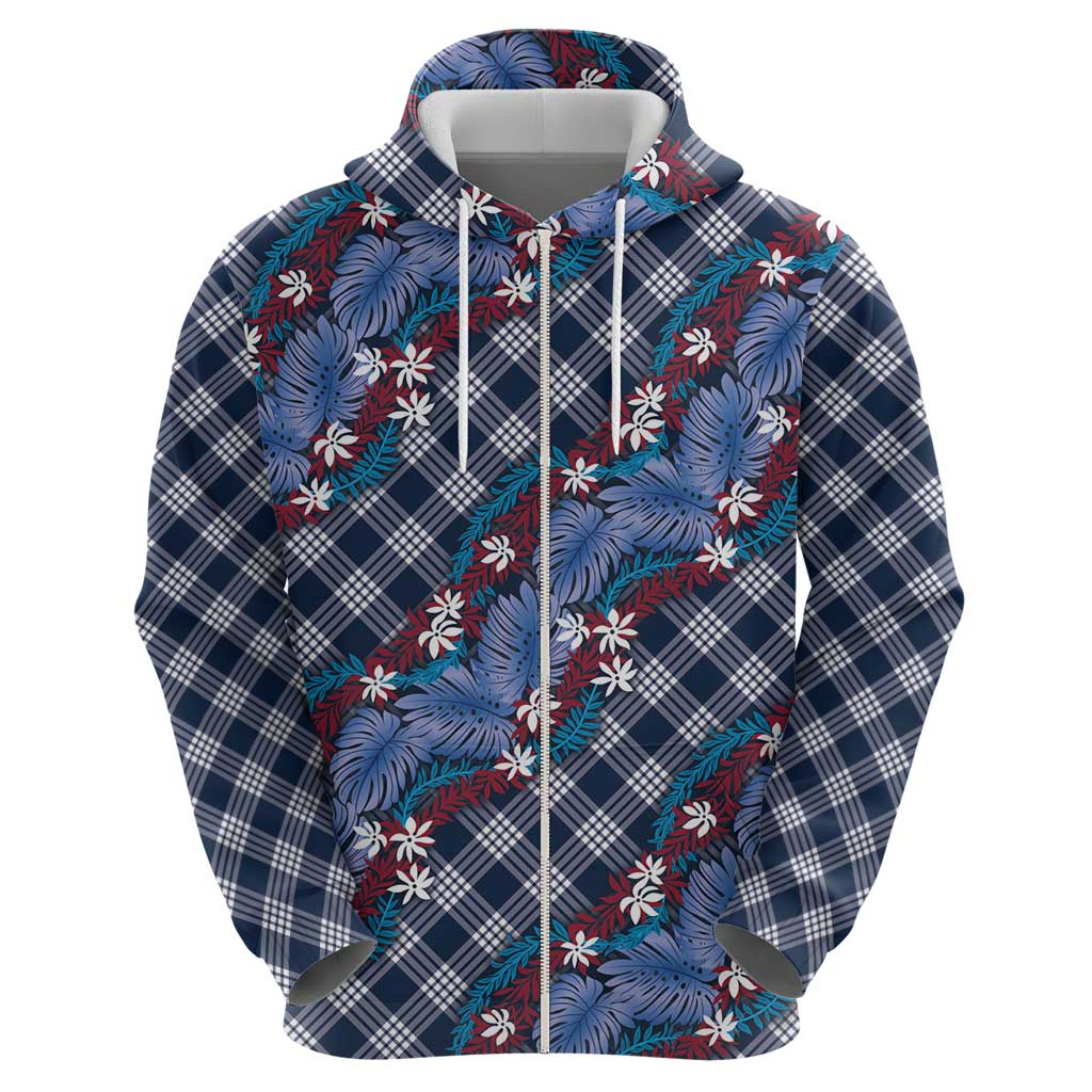 Polynesian Monstera Tiare Floral Hoodie Royal Blue Tropical Plaid - Polynesian Pride