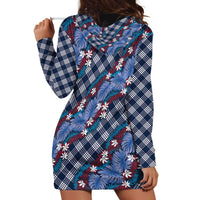 Polynesian Monstera Tiare Floral Hoodie Dress Royal Blue Tropical Plaid - Polynesian Pride