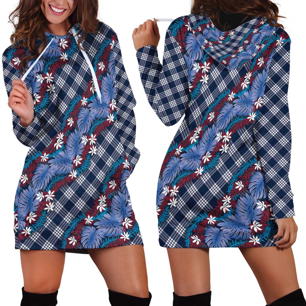 Polynesian Monstera Tiare Floral Hoodie Dress Royal Blue Tropical Plaid - Polynesian Pride