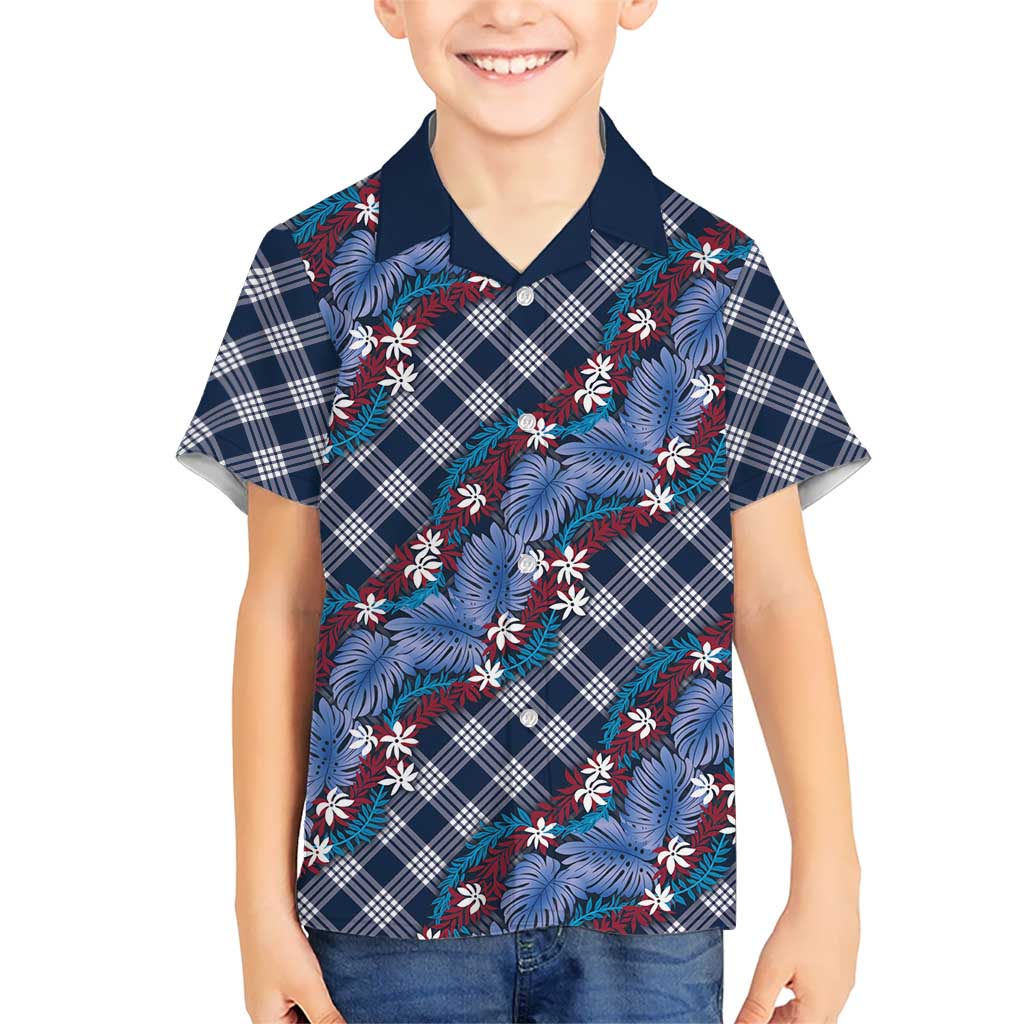 Polynesian Monstera Tiare Floral Kid Hawaiian Shirt Royal Blue Tropical Plaid - Polynesian Pride
