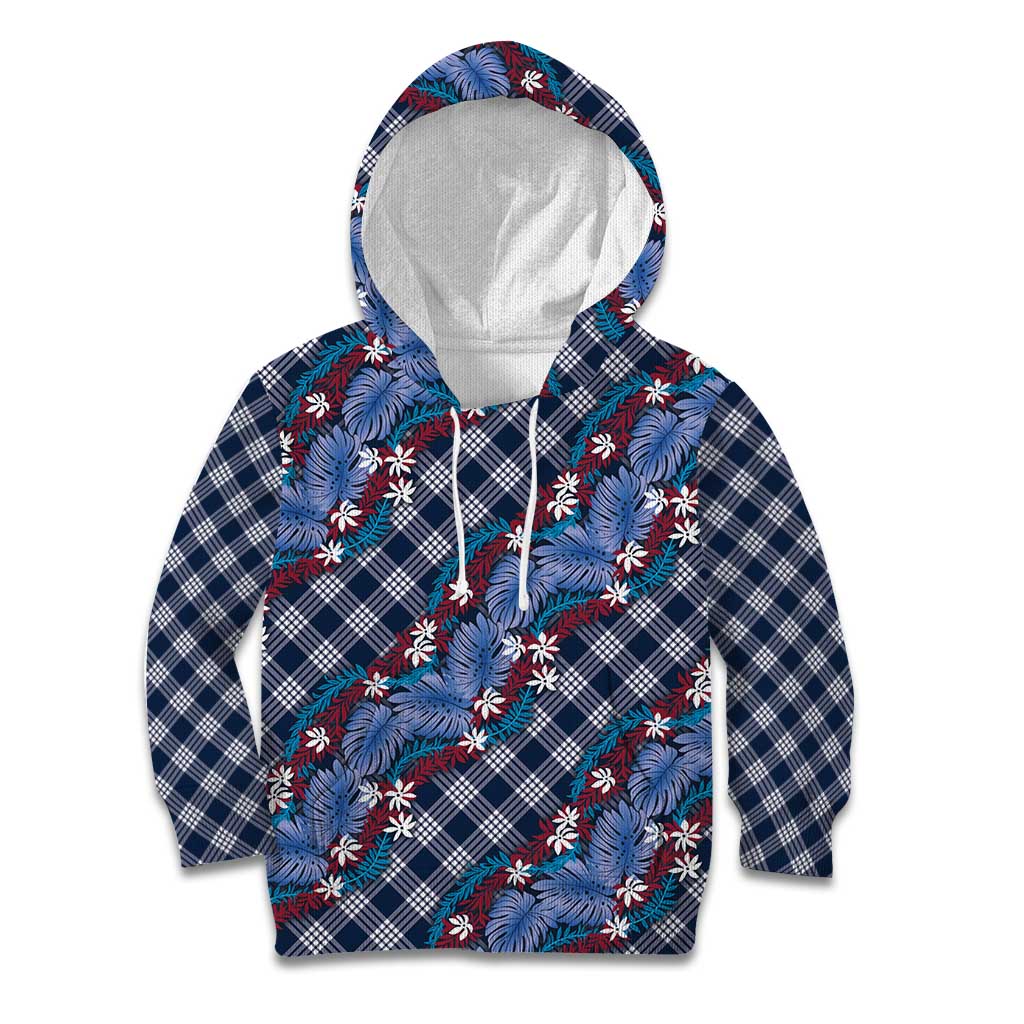 Polynesian Monstera Tiare Floral Kid Hoodie Royal Blue Tropical Plaid - Polynesian Pride