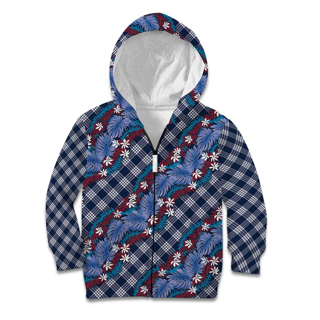 Polynesian Monstera Tiare Floral Kid Hoodie Royal Blue Tropical Plaid - Polynesian Pride