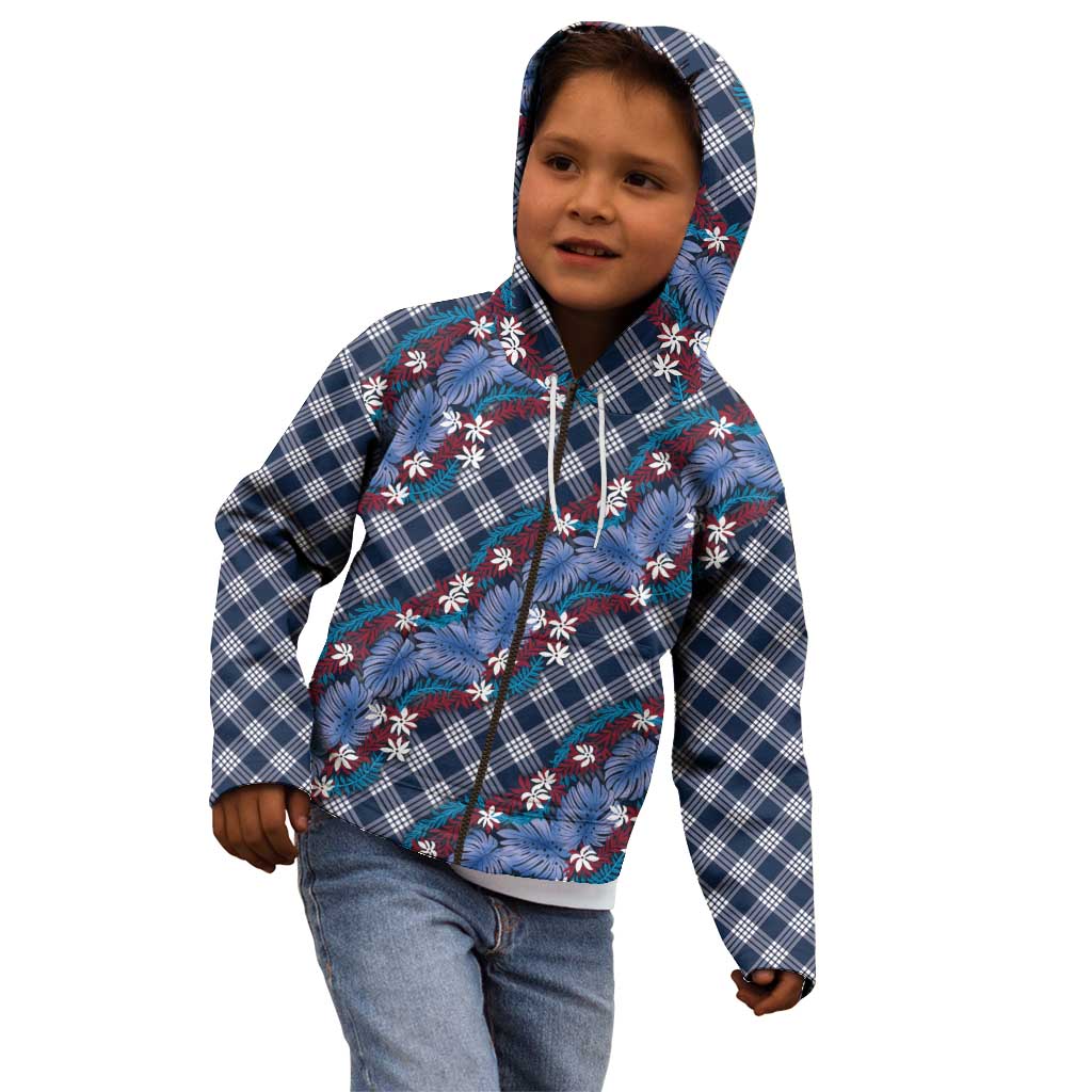 Polynesian Monstera Tiare Floral Kid Hoodie Royal Blue Tropical Plaid - Polynesian Pride