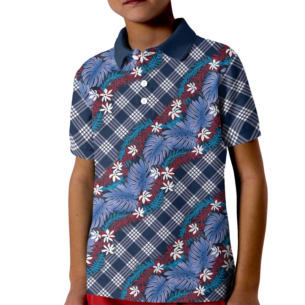 Polynesian Monstera Tiare Floral Kid Polo Shirt Royal Blue Tropical Plaid - Polynesian Pride