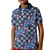 Polynesian Monstera Tiare Floral Kid Polo Shirt Royal Blue Tropical Plaid - Polynesian Pride