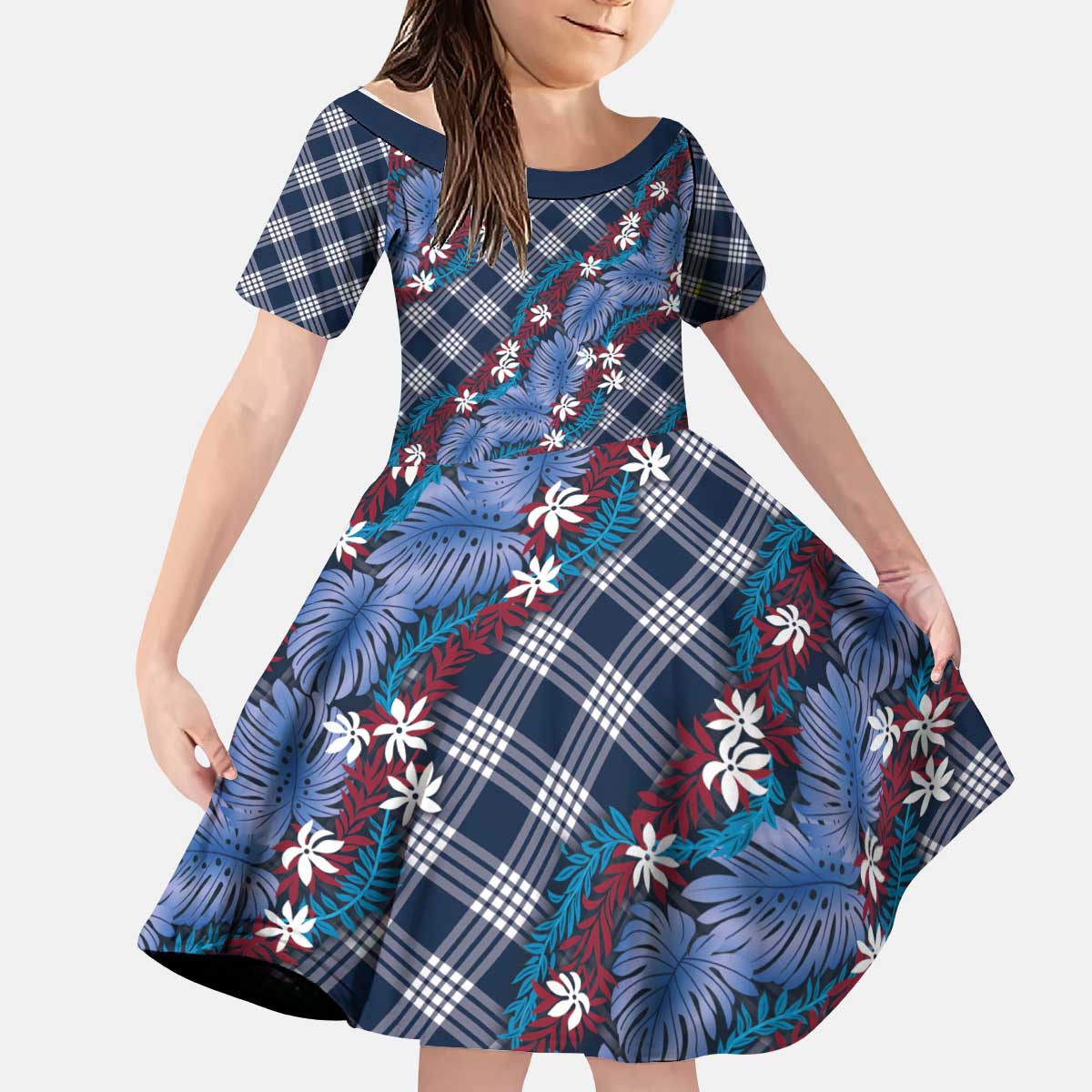Polynesian Monstera Tiare Floral Kid Short Sleeve Dress Royal Blue Tropical Plaid - Polynesian Pride