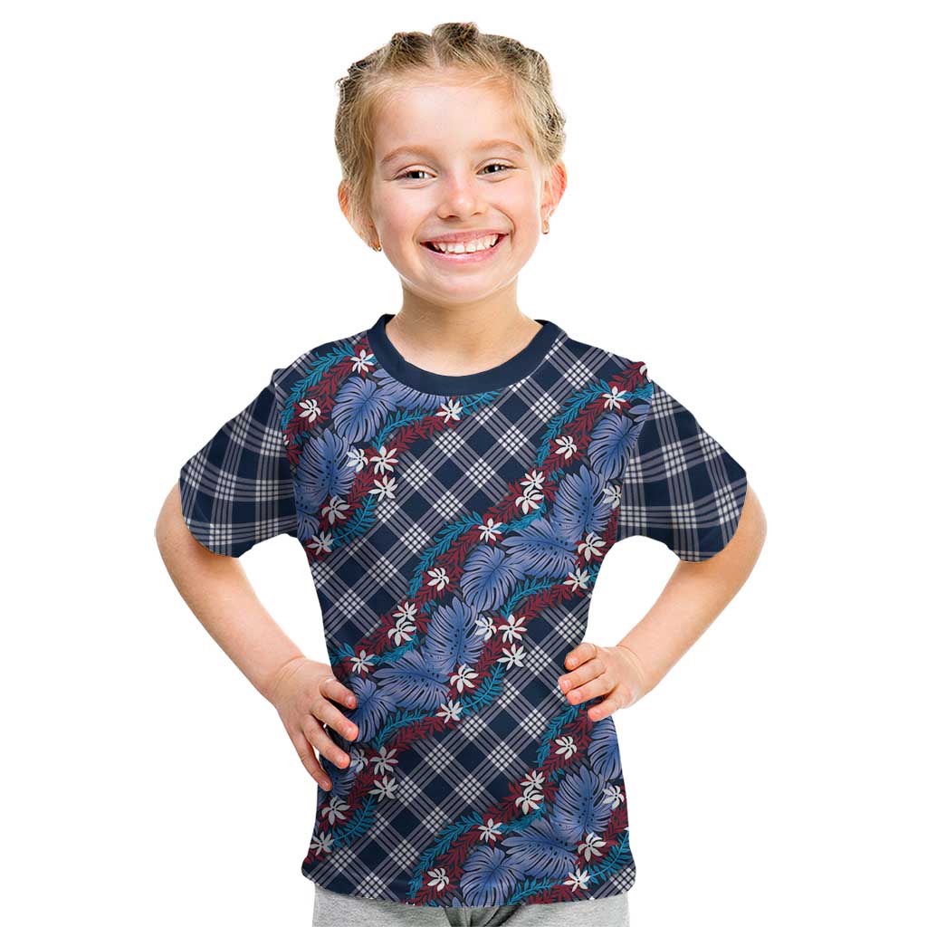 Polynesian Monstera Tiare Floral Kid T Shirt Royal Blue Tropical Plaid LT01 Blue - Polynesian Pride