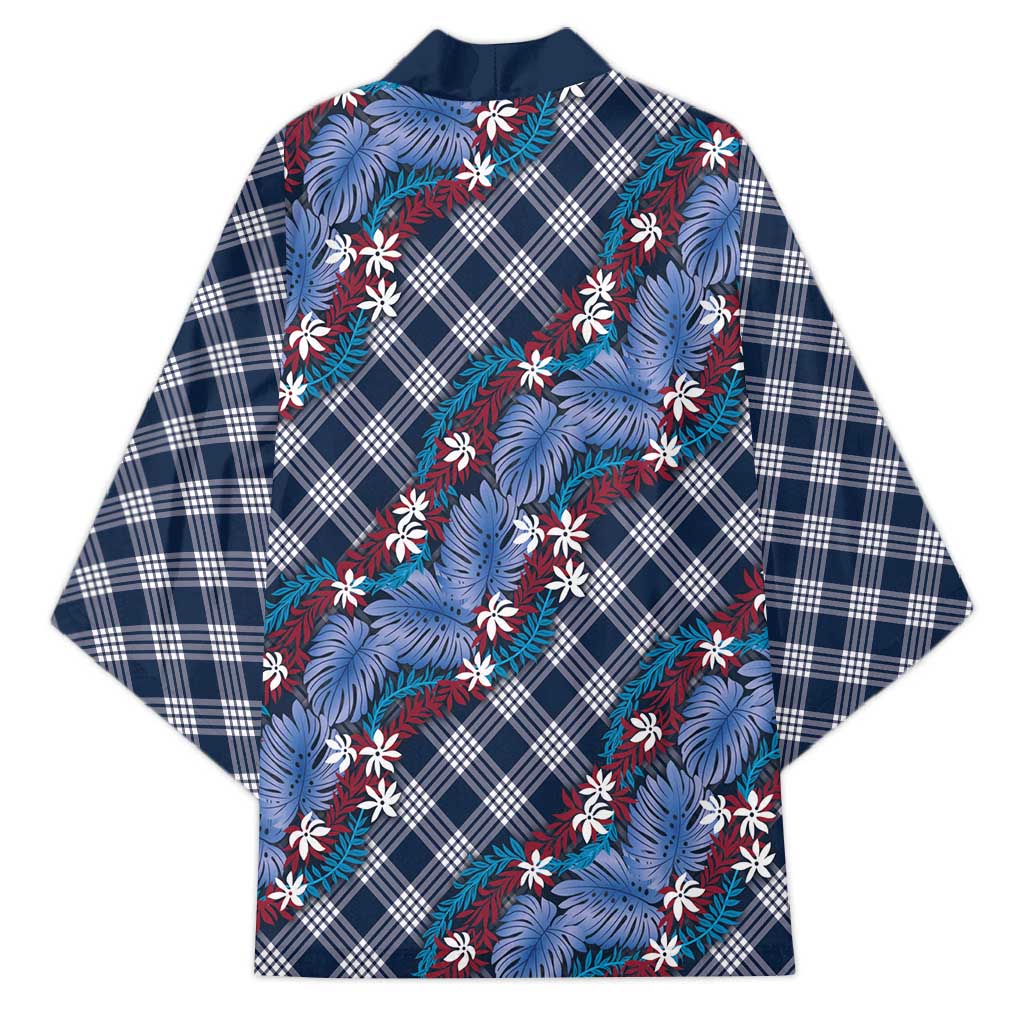 Polynesian Monstera Tiare Floral Kimono Royal Blue Tropical Plaid - Polynesian Pride