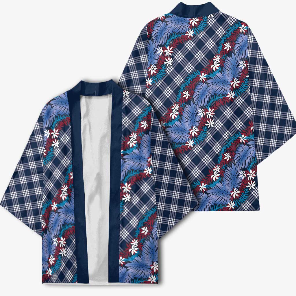 Polynesian Monstera Tiare Floral Kimono Royal Blue Tropical Plaid - Polynesian Pride