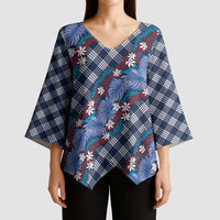 Polynesian Monstera Tiare Floral Kimono Sleeve Blouse Royal Blue Tropical Plaid - Polynesian Pride