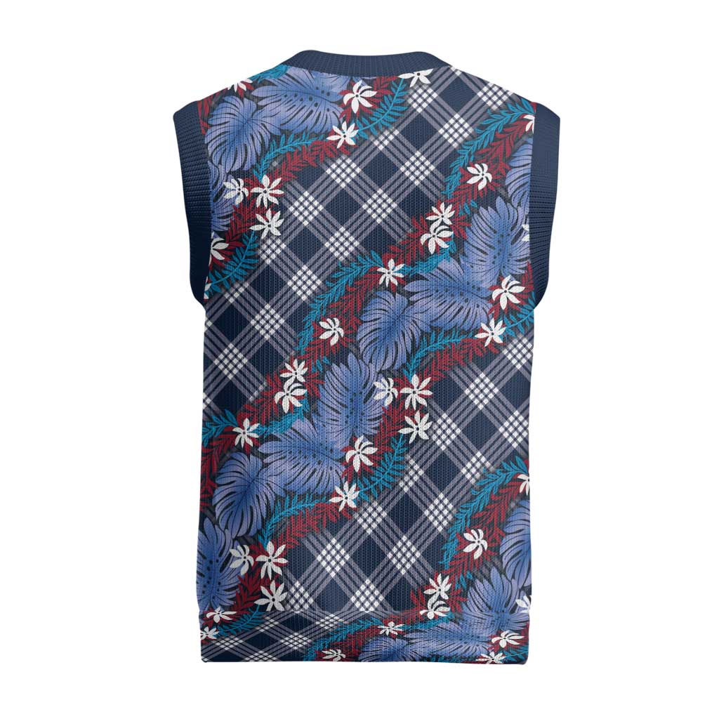 Polynesian Monstera Tiare Floral Christmas Knitted V-Neck Vest Royal Blue Tropical Plaid - Polynesian Pride