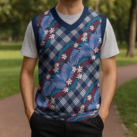 Polynesian Monstera Tiare Floral Christmas Knitted V-Neck Vest Royal Blue Tropical Plaid - Polynesian Pride