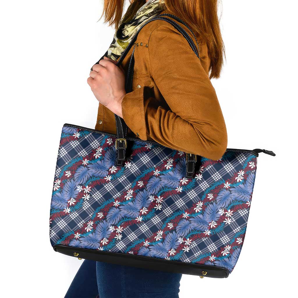 Polynesian Monstera Tiare Floral Leather Tote Bag Royal Blue Tropical Plaid LT01 Blue - Polynesian Pride
