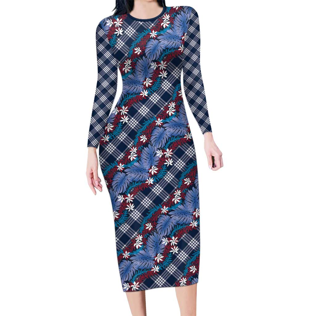 Polynesian Monstera Tiare Floral Long Sleeve Bodycon Dress Royal Blue Tropical Plaid LT01 Long Dress Blue - Polynesian Pride