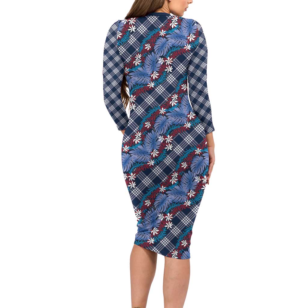 Polynesian Monstera Tiare Floral Long Sleeve Bodycon Dress Royal Blue Tropical Plaid - Polynesian Pride