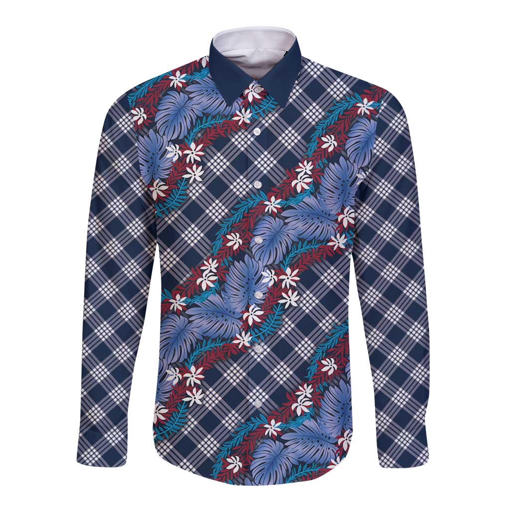 Polynesian Monstera Tiare Floral Long Sleeve Button Shirt Royal Blue Tropical Plaid - Polynesian Pride