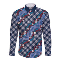 Polynesian Monstera Tiare Floral Long Sleeve Button Shirt Royal Blue Tropical Plaid - Polynesian Pride