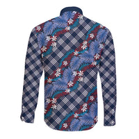 Polynesian Monstera Tiare Floral Long Sleeve Button Shirt Royal Blue Tropical Plaid - Polynesian Pride