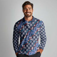 Polynesian Monstera Tiare Floral Long Sleeve Polo Shirt Royal Blue Tropical Plaid - Polynesian Pride