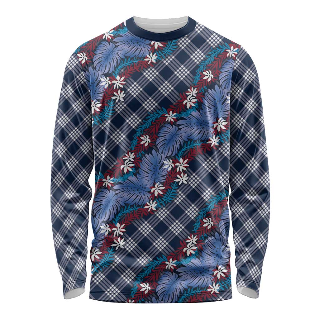 Polynesian Monstera Tiare Floral Long Sleeve Shirt Royal Blue Tropical Plaid - Polynesian Pride