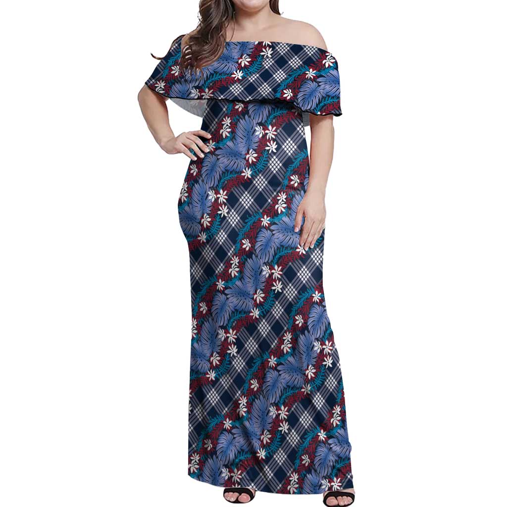 Polynesian Monstera Tiare Floral Off Shoulder Maxi Dress Royal Blue Tropical Plaid - Polynesian Pride