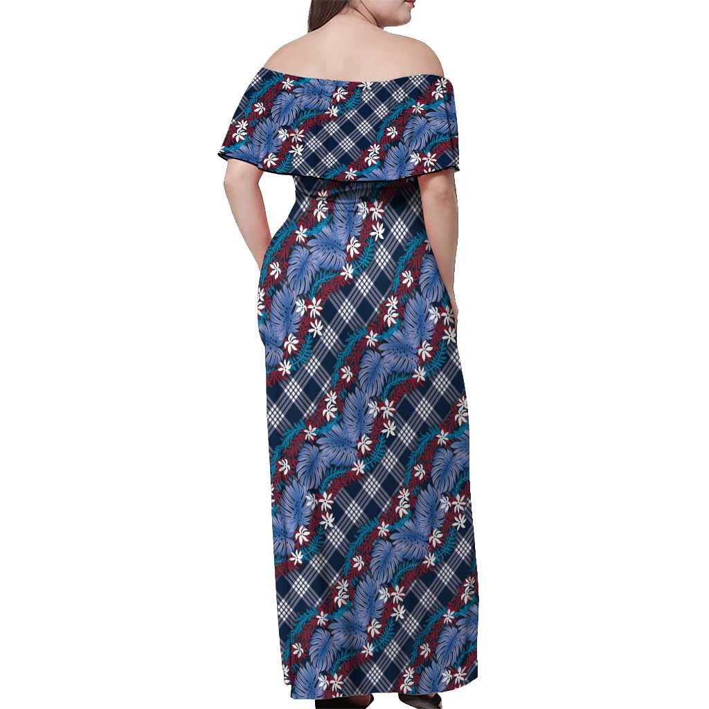 Polynesian Monstera Tiare Floral Off Shoulder Maxi Dress Royal Blue Tropical Plaid - Polynesian Pride