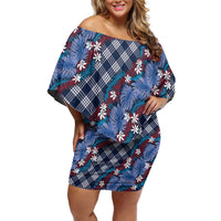 Polynesian Monstera Tiare Floral Off Shoulder Short Dress Royal Blue Tropical Plaid - Polynesian Pride