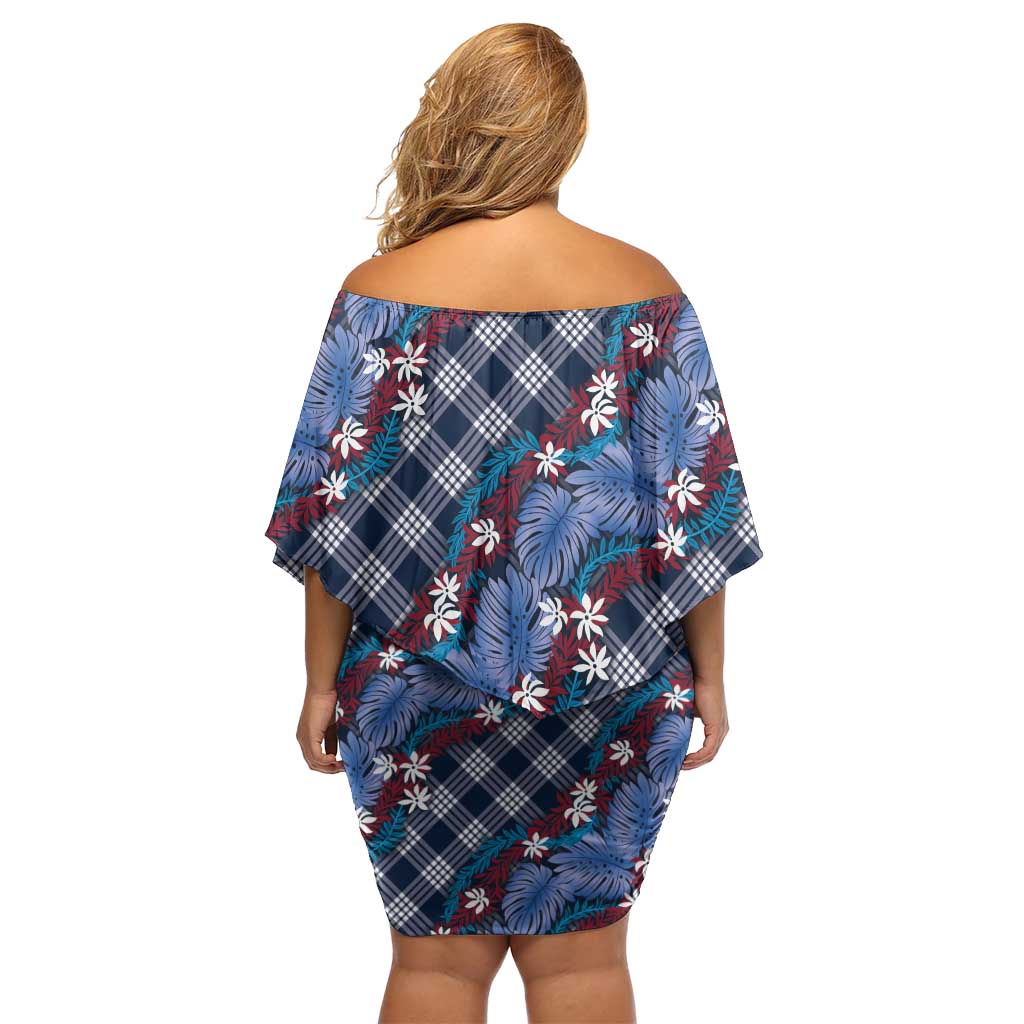 Polynesian Monstera Tiare Floral Off Shoulder Short Dress Royal Blue Tropical Plaid - Polynesian Pride