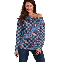 Polynesian Monstera Tiare Floral Off Shoulder Sweater Royal Blue Tropical Plaid - Polynesian Pride
