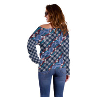 Polynesian Monstera Tiare Floral Off Shoulder Sweater Royal Blue Tropical Plaid - Polynesian Pride