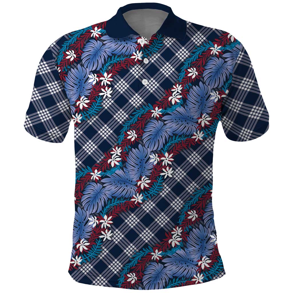 Polynesian Monstera Tiare Floral Polo Shirt Royal Blue Tropical Plaid LT01 Blue - Polynesian Pride