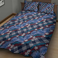 Polynesian Monstera Tiare Floral Quilt Bed Set Royal Blue Tropical Plaid - Polynesian Pride