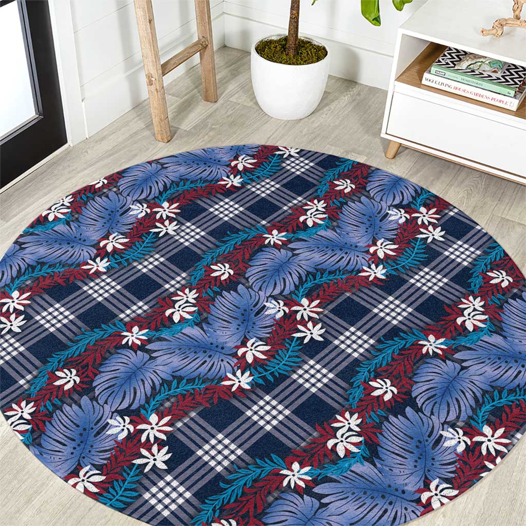 Polynesian Monstera Tiare Floral Round Carpet Royal Blue Tropical Plaid - Polynesian Pride