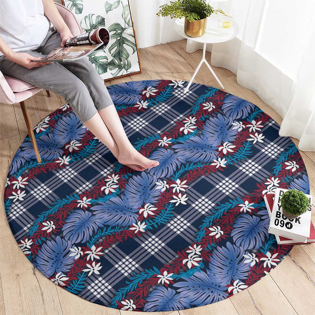 Polynesian Monstera Tiare Floral Round Carpet Royal Blue Tropical Plaid - Polynesian Pride