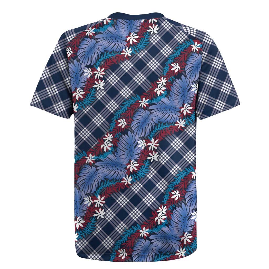Polynesian Monstera Tiare Floral Rugby Jersey Royal Blue Tropical Plaid - Polynesian Pride
