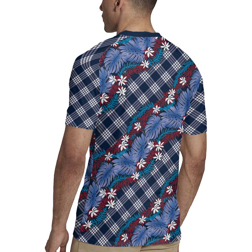 Polynesian Monstera Tiare Floral Rugby Jersey Royal Blue Tropical Plaid - Polynesian Pride