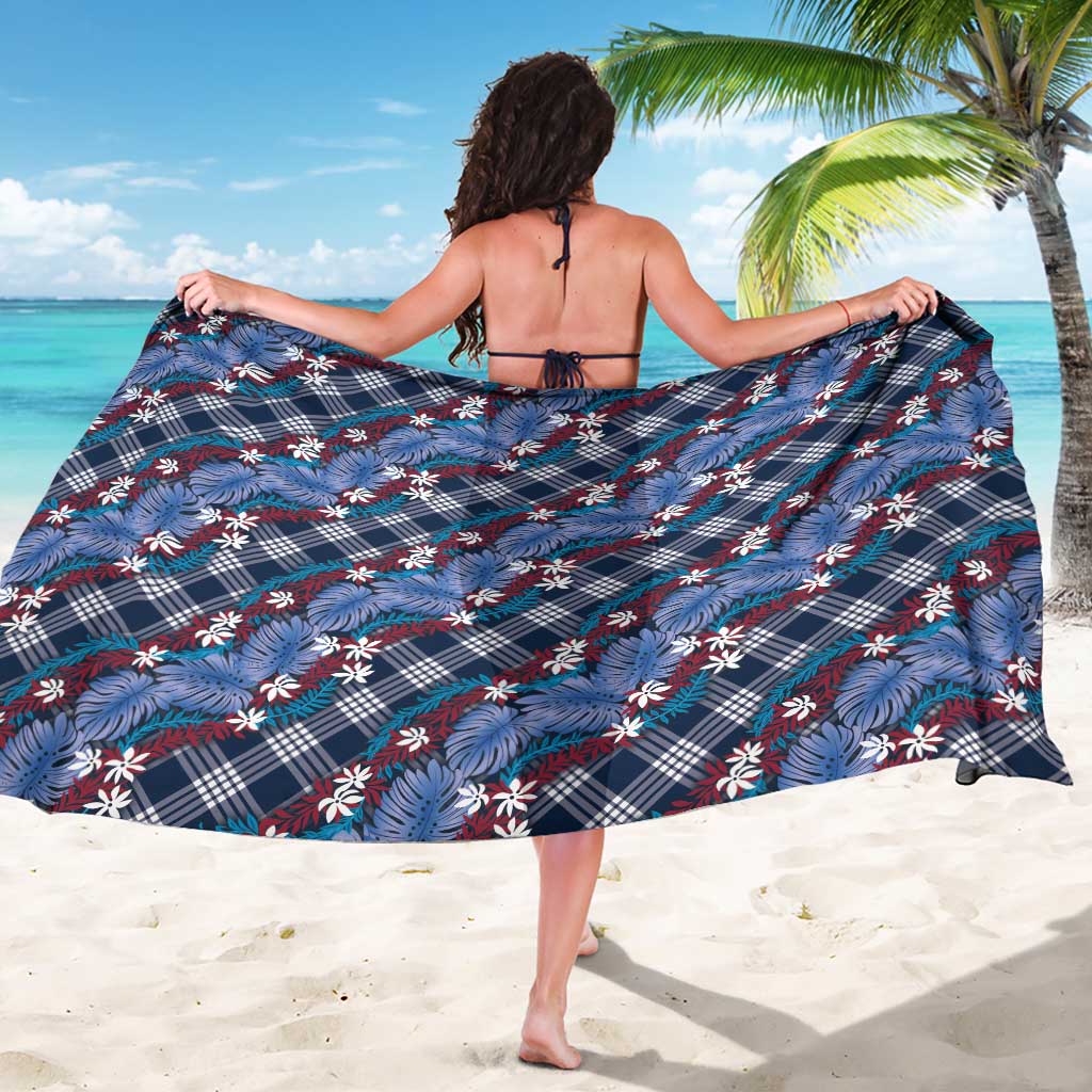 Polynesian Monstera Tiare Floral Sarong Royal Blue Tropical Plaid - Polynesian Pride
