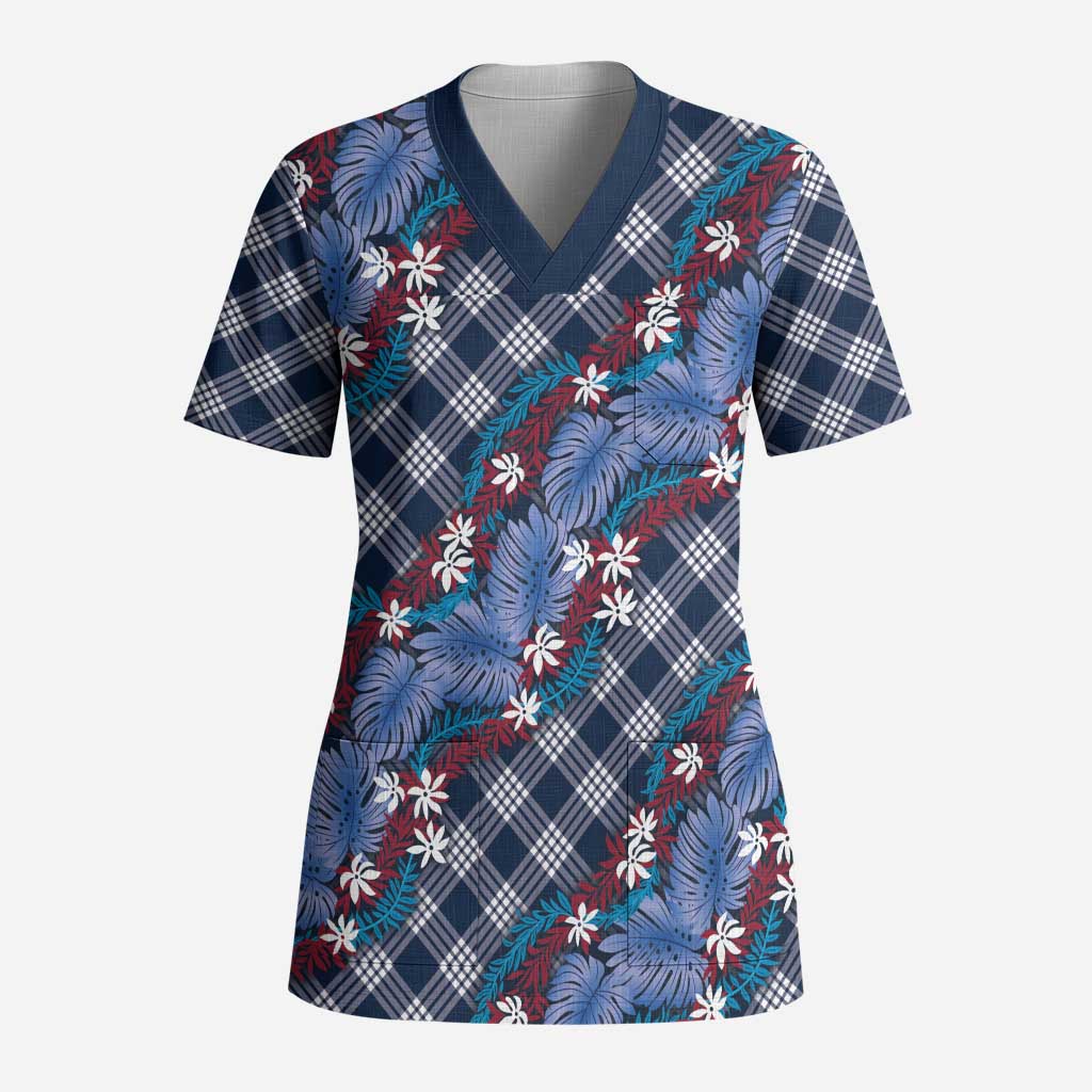 Polynesian Monstera Tiare Floral Scrub Top Royal Blue Tropical Plaid LT01 Adult Blue - Polynesian Pride
