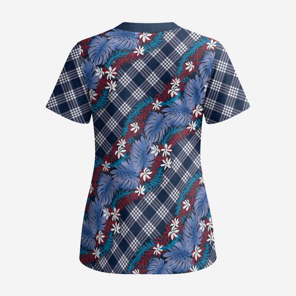 Polynesian Monstera Tiare Floral Scrub Top Royal Blue Tropical Plaid - Polynesian Pride