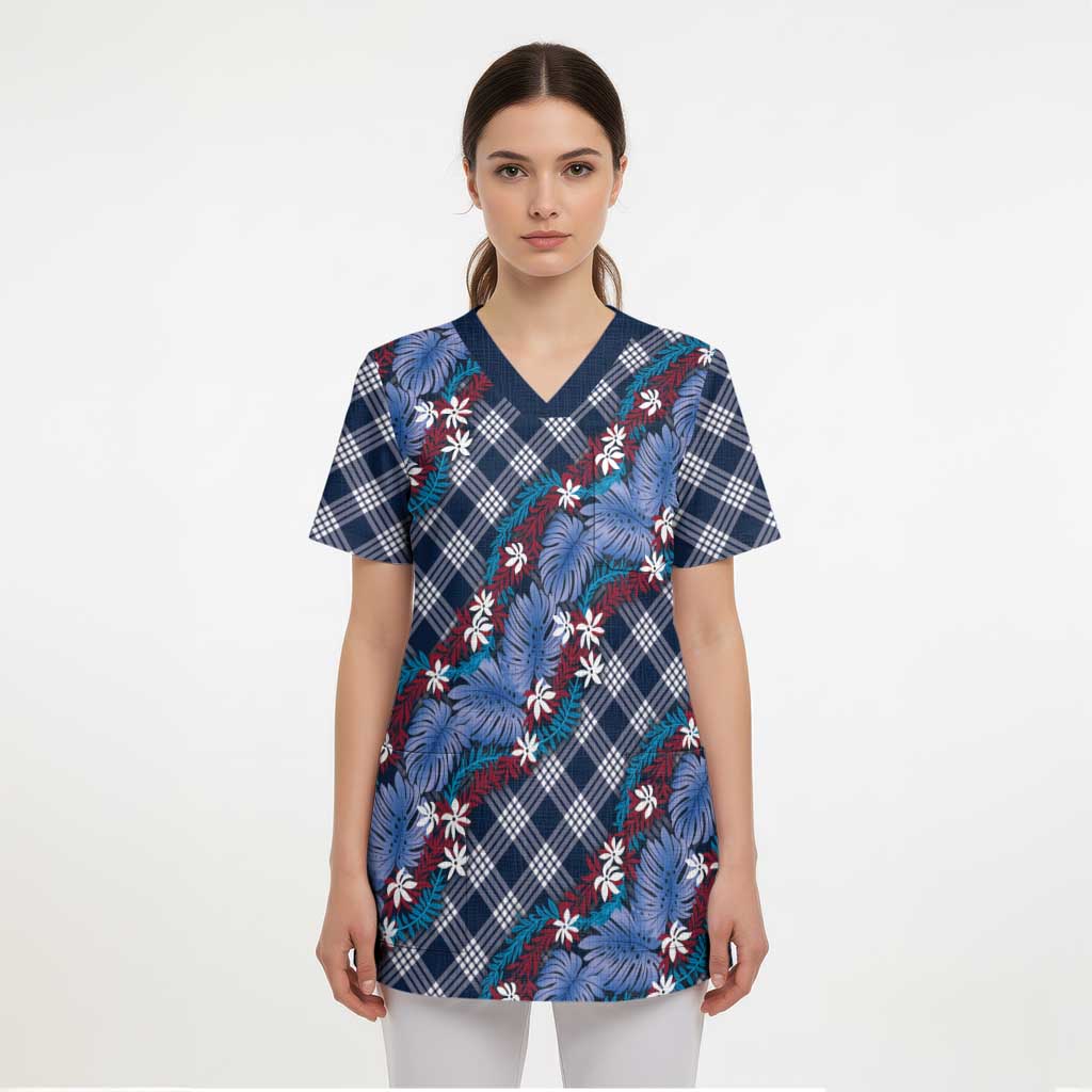 Polynesian Monstera Tiare Floral Scrub Top Royal Blue Tropical Plaid - Polynesian Pride