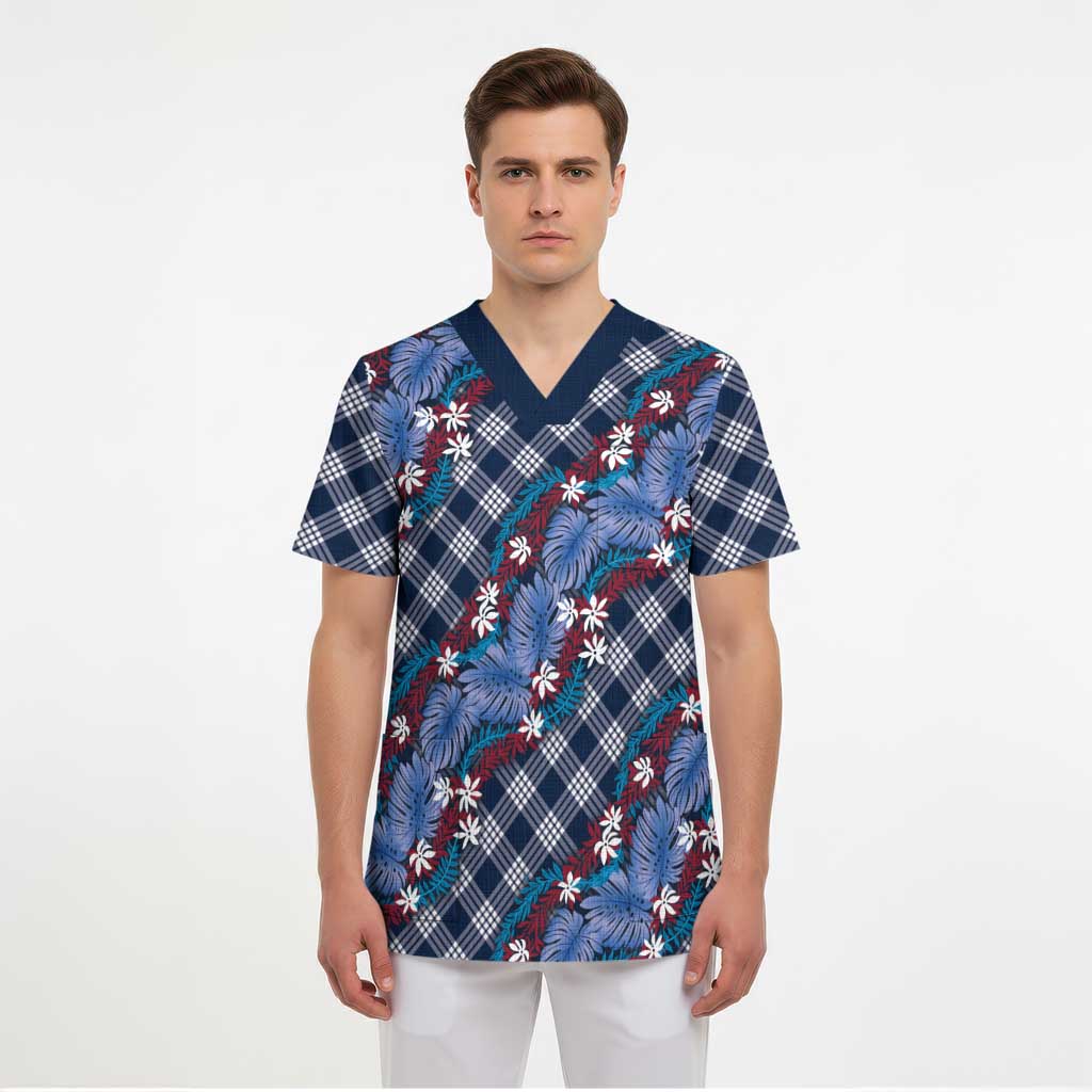 Polynesian Monstera Tiare Floral Scrub Top Royal Blue Tropical Plaid - Polynesian Pride