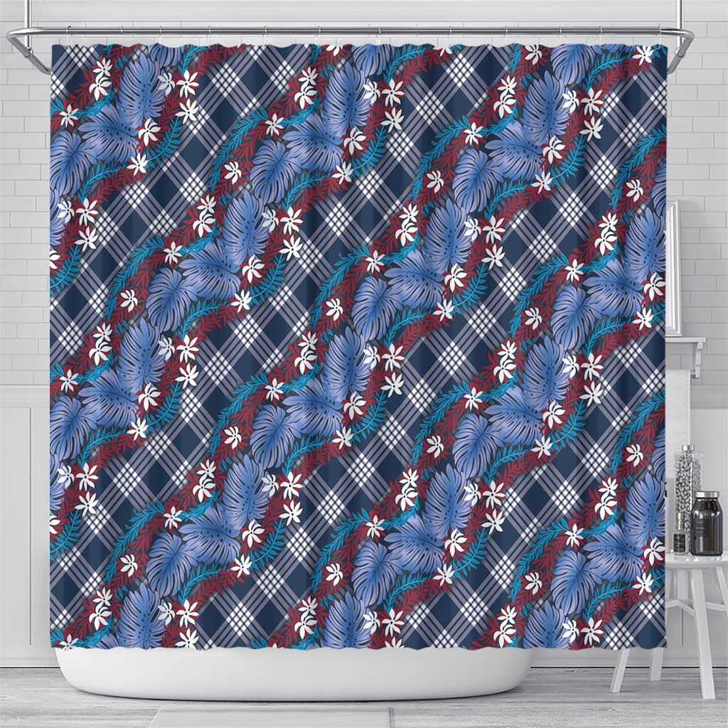 Polynesian Monstera Tiare Floral Shower Curtain Royal Blue Tropical Plaid - Polynesian Pride