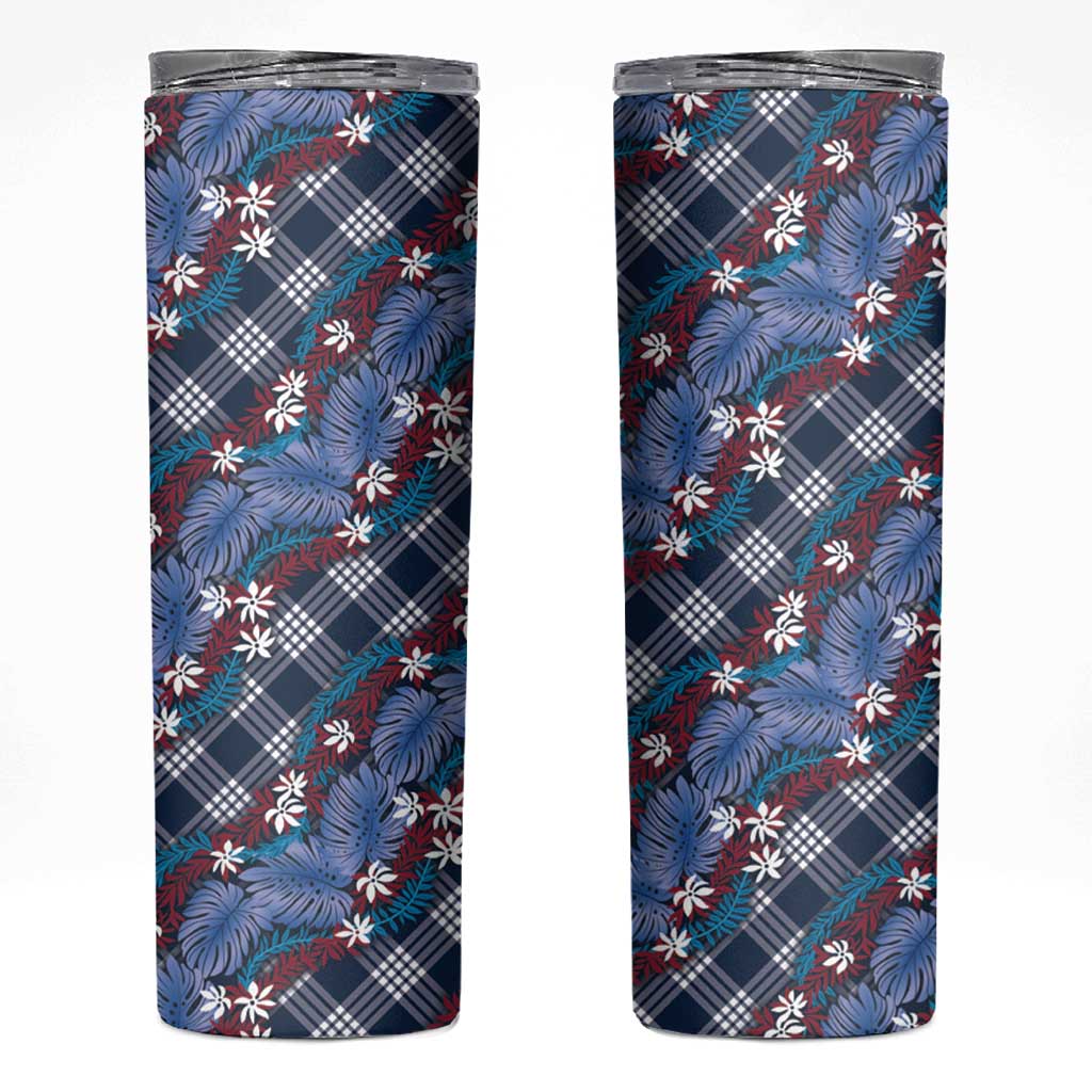 Polynesian Monstera Tiare Floral Skinny Tumbler Royal Blue Tropical Plaid - Polynesian Pride