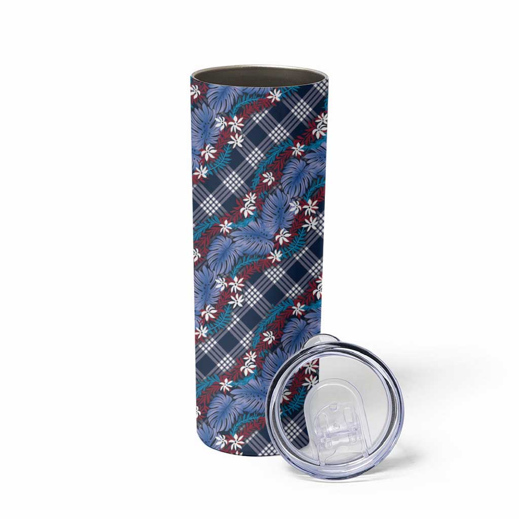 Polynesian Monstera Tiare Floral Skinny Tumbler Royal Blue Tropical Plaid - Polynesian Pride