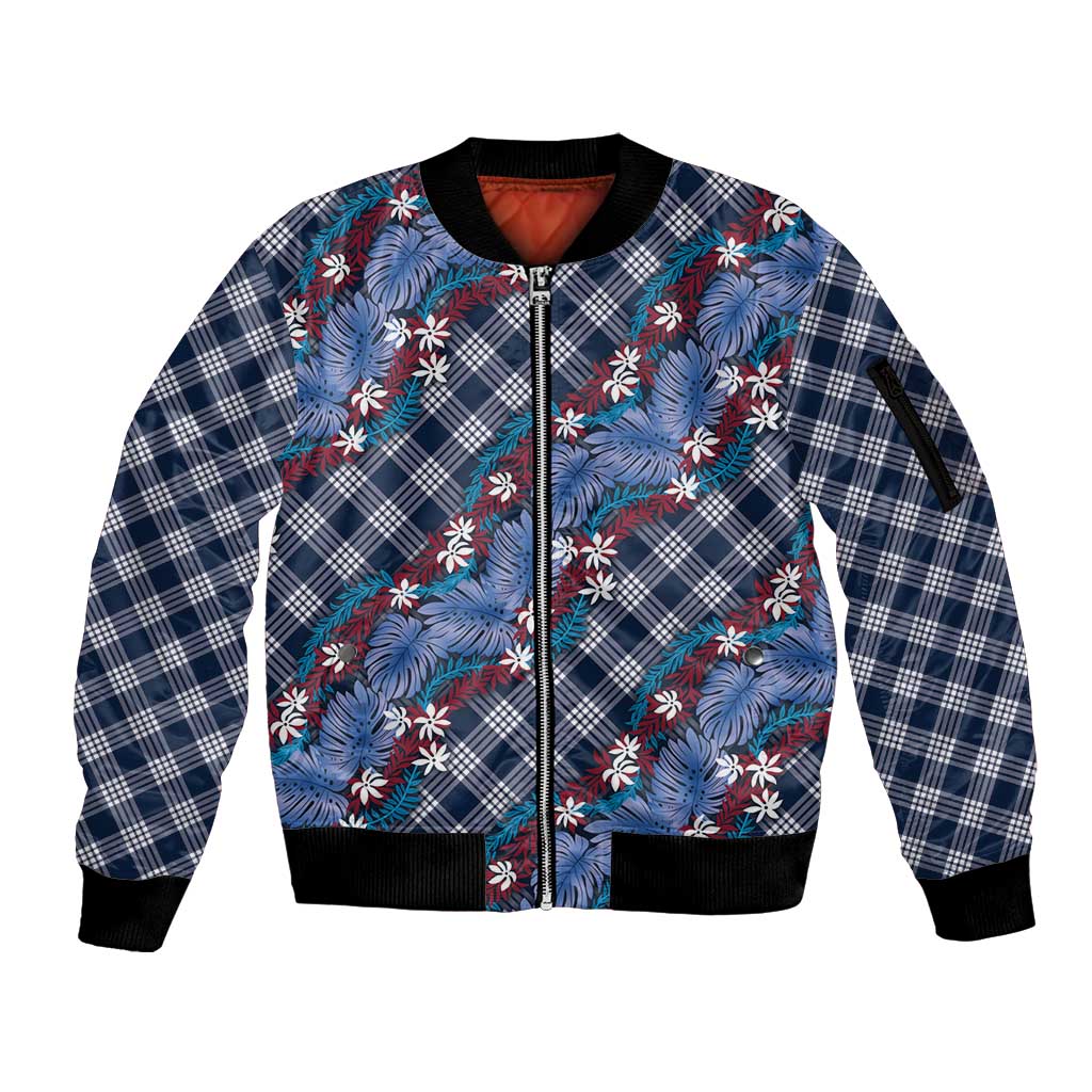 Polynesian Monstera Tiare Floral Sleeve Zip Bomber Jacket Royal Blue Tropical Plaid LT01 Unisex Blue - Polynesian Pride