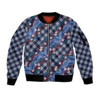 Polynesian Monstera Tiare Floral Sleeve Zip Bomber Jacket Royal Blue Tropical Plaid - Polynesian Pride