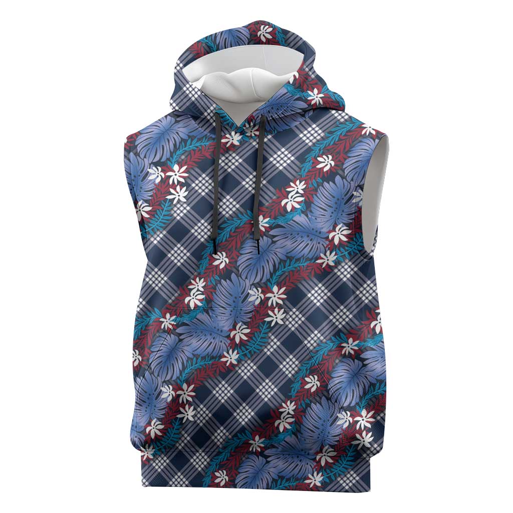 Polynesian Monstera Tiare Floral Sleeveless Hoodie Royal Blue Tropical Plaid - Polynesian Pride