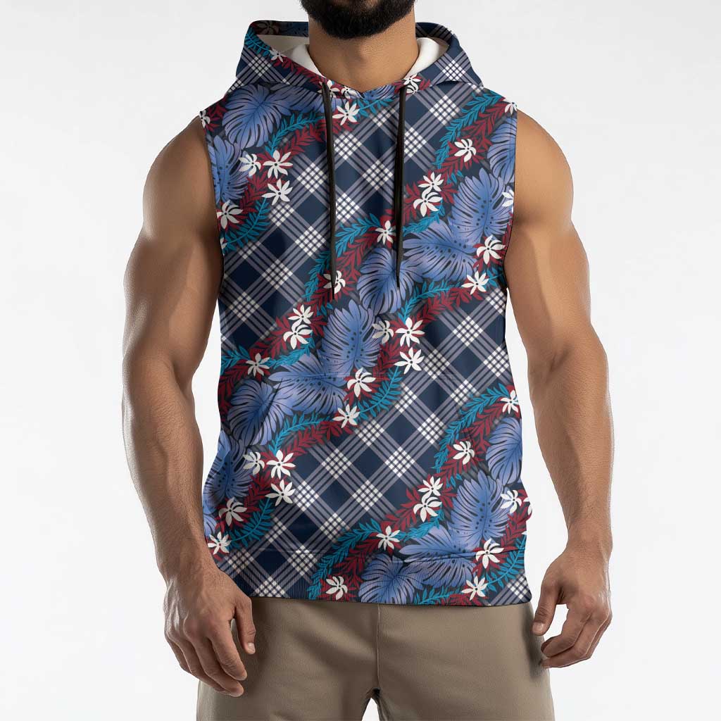 Polynesian Monstera Tiare Floral Sleeveless Hoodie Royal Blue Tropical Plaid - Polynesian Pride