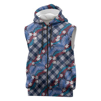 Polynesian Monstera Tiare Floral Sleeveless Zip Hoodie Royal Blue Tropical Plaid - Polynesian Pride